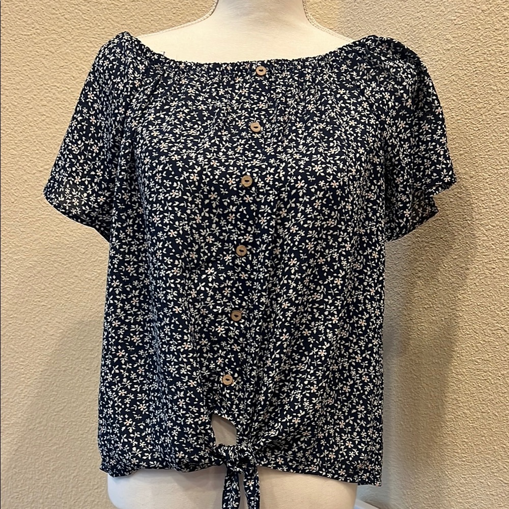 Doe & Rae Blue Flutter Sleeve Blouse with Tie Front